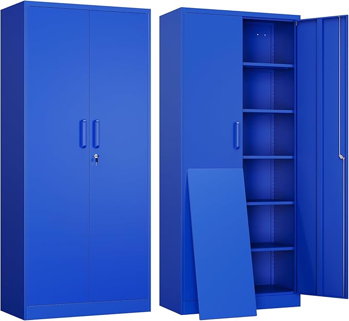 Yizosh Metal Garage Storage Cabinet with 2 Doors and 5 Adjustable Shelves - 71" Steel Lockable File Cabinet,Locking Tool Cabinets for Office,Home,Garage,Gym,School (Blue) by Yizosh