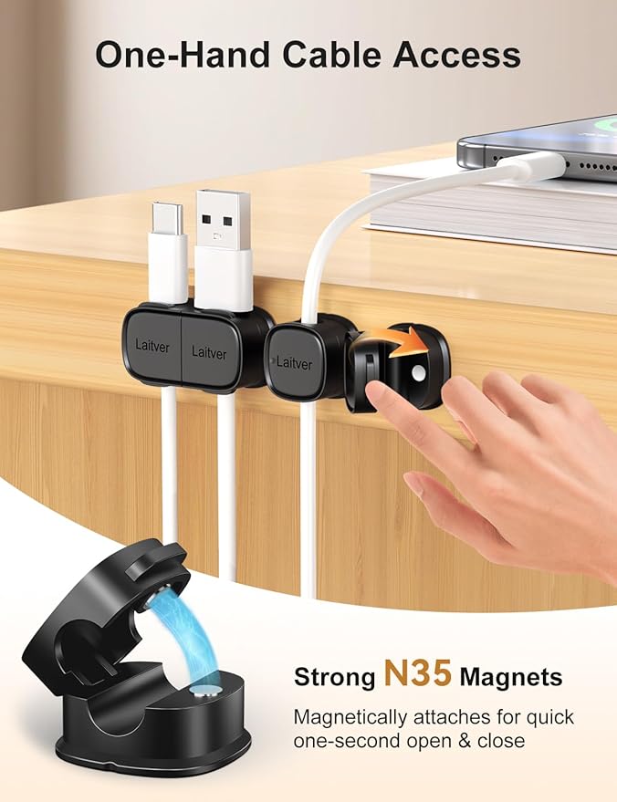 6 Pack Magnetic Cable Clips, Laitver Cord Organizer Holder Strong Adhesive Desk - Image 4