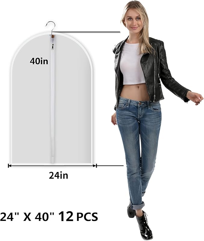 Garment Bags 12 Pack, 24 x 40 Hanging Clothes Storage Bags, Translucent PEVA - Image 2