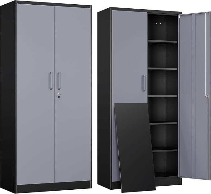 Yizosh Metal Garage Storage Cabinet with 2 Doors and 5 Adjustable Shelves - 71" Steel Lockable File Cabinet,Locking Tool Cabinets for Office,Home,Garage,Gym,School (Gray Black) by Yizosh