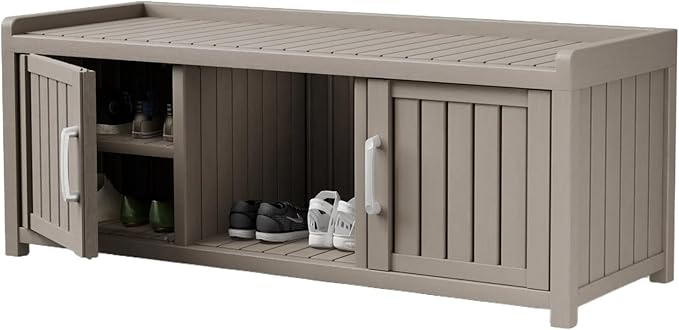 Storage Bench - Waterproof Resin Shoe Bench with Adjustable Shelves - Indoor & Outdoor Use, 2 Doors Entryway Bench with Hidden Storage Space - Storage Cabinet for Bedroom, Hallway, Grey by Outdoorchairs