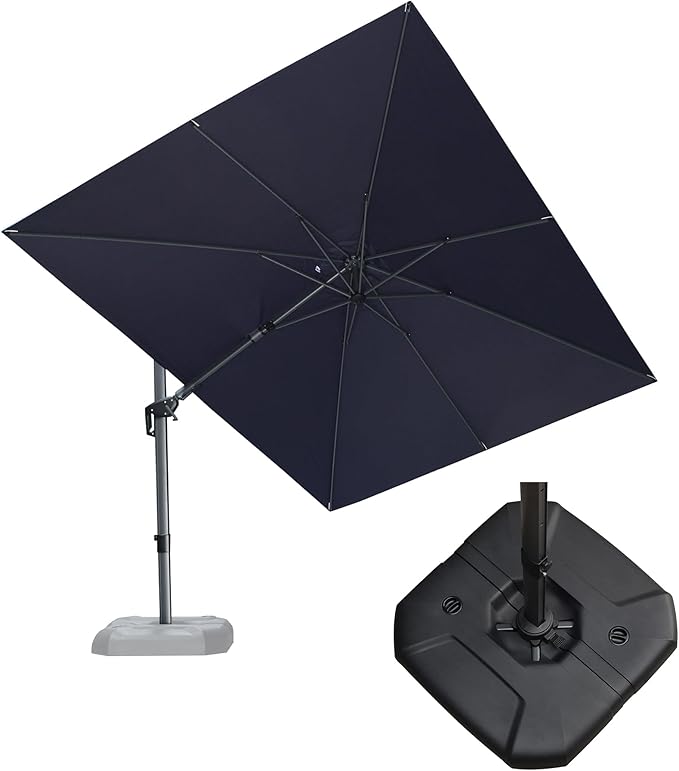 PURPLE LEAF 9' X 12' Right-left Tilt Patio Umbrella with Base Outdoor Cantilever Swivel Rectangle Umbrella Aluminum Offset Umbrella with 360-degree Rotation for Garden Deck Pool Patio Navy by PURPLELEAF