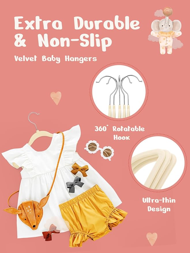 HOUSE DAY 11 Inch Velvet Baby Hangers 50 Pack Beige, Premium Kids Hangers - Image 5