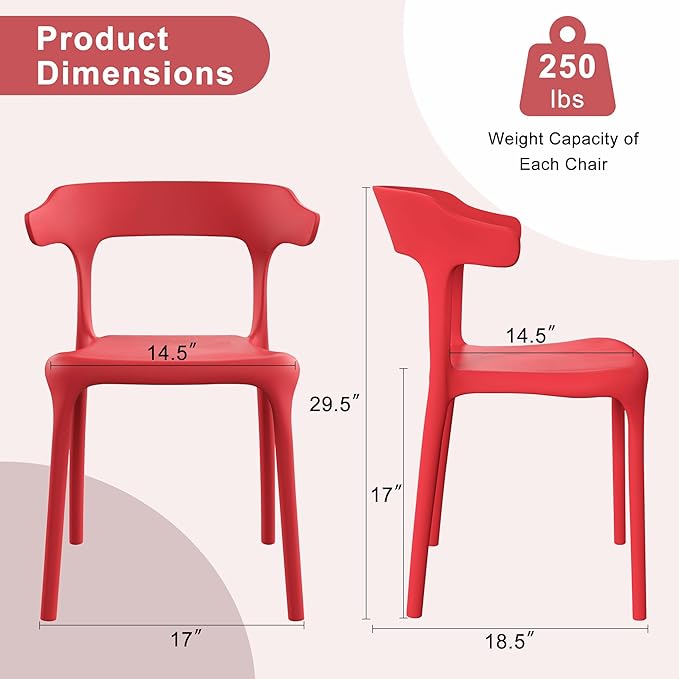 VECELO 4 Pack Plastic Stacking Chairs, Stackable Dining Chairs for Kitchen Restaurant Patio, Portable Indoor Outdoor Use, No Assembly Required, Red - Image 3