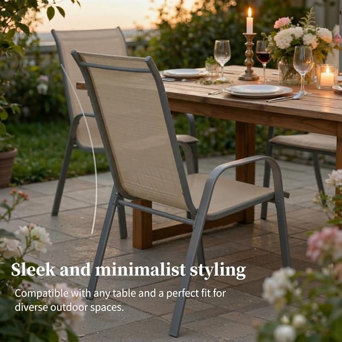 MAMIZO Patio Dining Chairs, Stackable All Weather Teslin Chair, Heavy Duty Outdoor Breathable Chairs Set, w/Armrests, Upgraded Chair FeetW/Strenthened Iron Spacers, 330 LBS (6, Brown) - Image 6