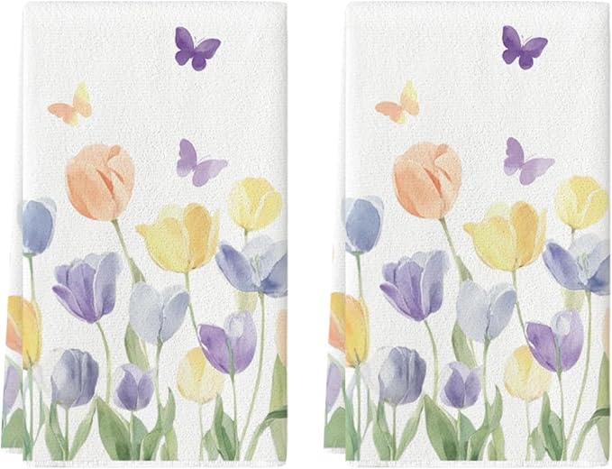 Artoid Mode Tulip Butterfly Floral Spring Kitchen Towels Dish Towels, 18x26 by ArtoidMode
