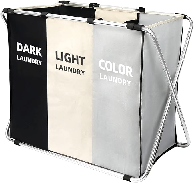 Laundry Cloth Hamper Sorter Basket Bin Foldable 3 Sections - Image 8