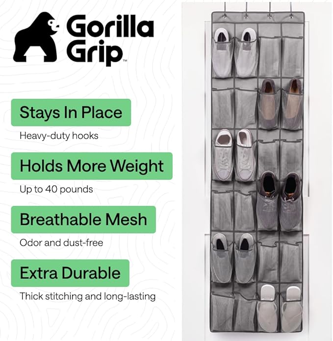 GORILLA GRIP Over the Door Shoe Organizer, 2 Pack, 24 Breathable Mesh Pockets - Image 2