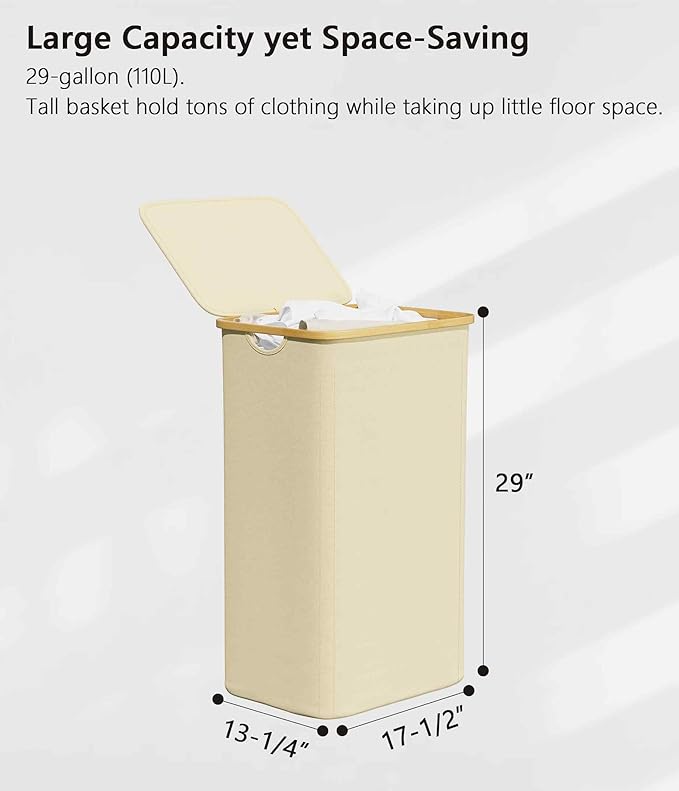 SUOCO Laundry Hamper with Lid, 29 Gal Clothes Basket with Bamboo Handles - Image 4