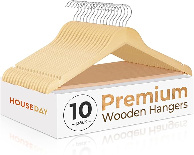 HOUSE DAY Premium Wooden Coat Hangers 10 Pack, Heavy Duty Solid Wood Clothes by HOUSEDAY