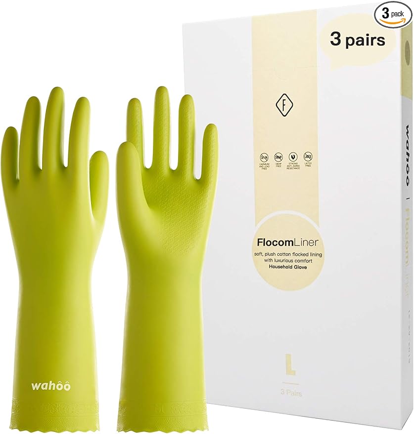 wahoo 3 Pairs Skin-Friendly Cleaning Gloves, Cotton Flocked Lined Dishwashing by wahoo