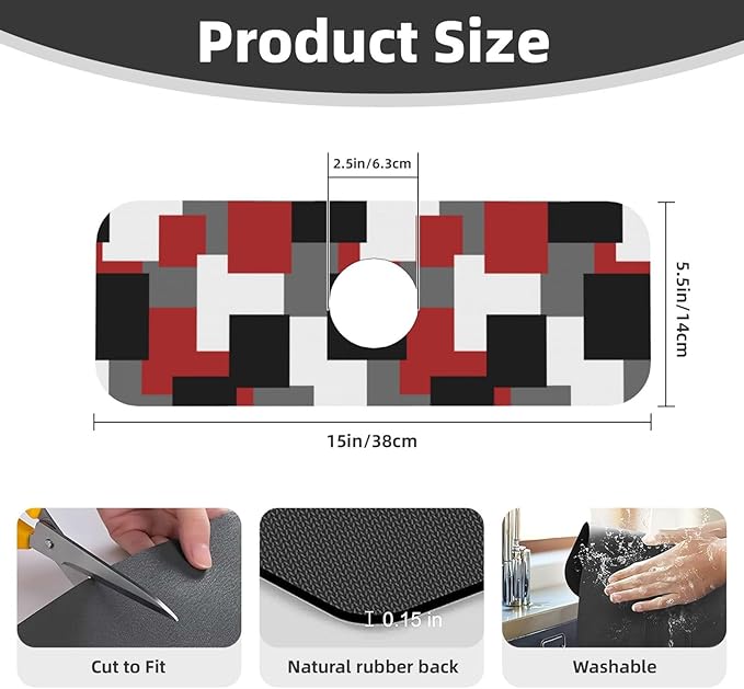 Grey Black White Plaid Square Red 15" X 5.5" Kitchen Sink Splash Guard Faucet - Image 2