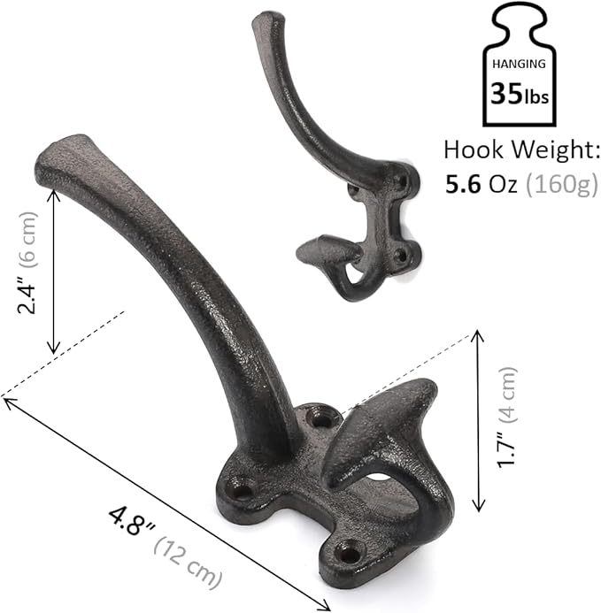 Ambipolar 5-Pack Decorative Cast Iron Heavy Duty Double Wall Hooks, Vintage - Image 2