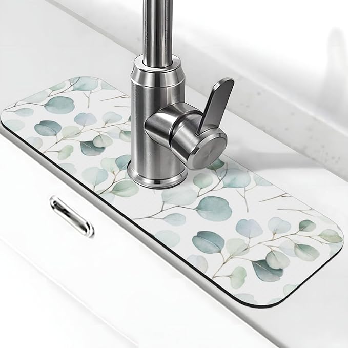 Sage Green Leaves Watercolor Branch Plant Kitchen Sink Splash Guard Faucet Mat by WILL+BUDXEG