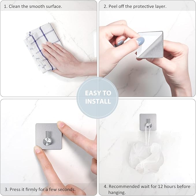 VIS'V Adhesive Towel Hooks, Waterproof Shower Wall Stick on Hooks, 2 Extra - Image 7