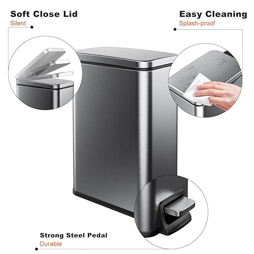 Slim Bathroom Trash Can with Lid Soft Close, 1.6 Gallon Stainless Steel Garbage - Image 7