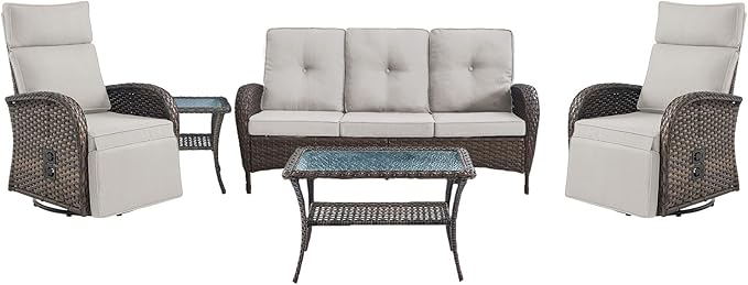 5 Piece Patio Furniture Set with Swivel Recliner Chair - Removable Outdoor Patio Couch Set, Chaise Lounge Chair Outdoor with Adjustable Backrest and Footrest and Coffee Table for Casual Gathering by Belord