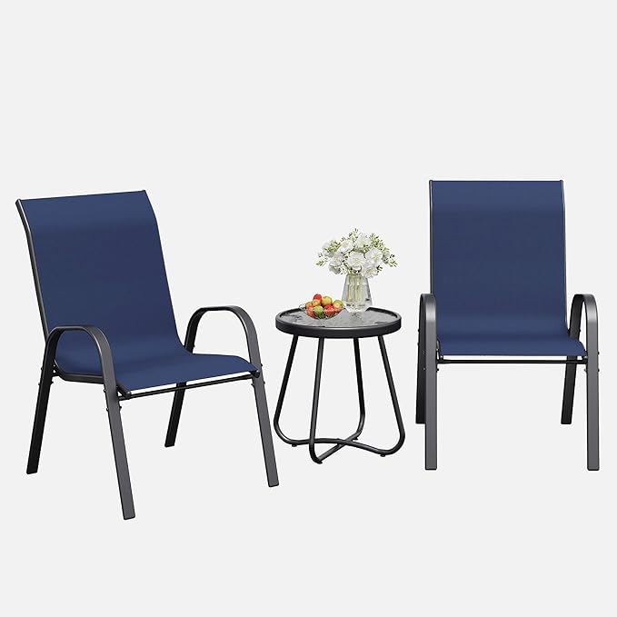 Patio Table and Chairs Set - 3 Piece Outdoor Stackable Dinging Chairs for All Weather,Breathable Garden Furniture for Deck Garden Backyard (Navy Blue) by VonzoyHome