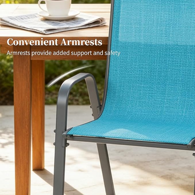 MAMIZO Patio Dining Chairs, Stackable All Weather Teslin Chair, Heavy Duty Outdoor Breathable Chairs Set, w/Armrests, Upgraded Chair FeetW/Strenthened Iron Spacers, 330 LBS (4, Turquoise Blue) - Image 8