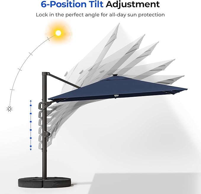 HOMSHADE 10 ft Square Cantilever Patio Umbrella with Base Included, Solar Lights Large Umbrella Outdoor Patio with 360°Rotation&Tilting, LED Lighted Offset Umbrellas w/Stand for Pool Deck - Image 6