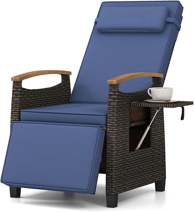 RELAX4LIFE Rattan Outdoor Recliner Chair - Wicker Chaise Lounge Chair w/Adjustable Back & Footrest, Acacia Wood Armrests, Flip Side Table, Cushion, Reclining Patio Chair for Pool Yard (1, Navy) by RELAX4LIFE