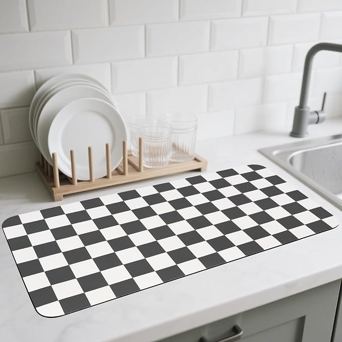 Checkered Dish Drying Mat for Kitchen Counter, Absorbent Non-Slip Coffee Mat by CooRug