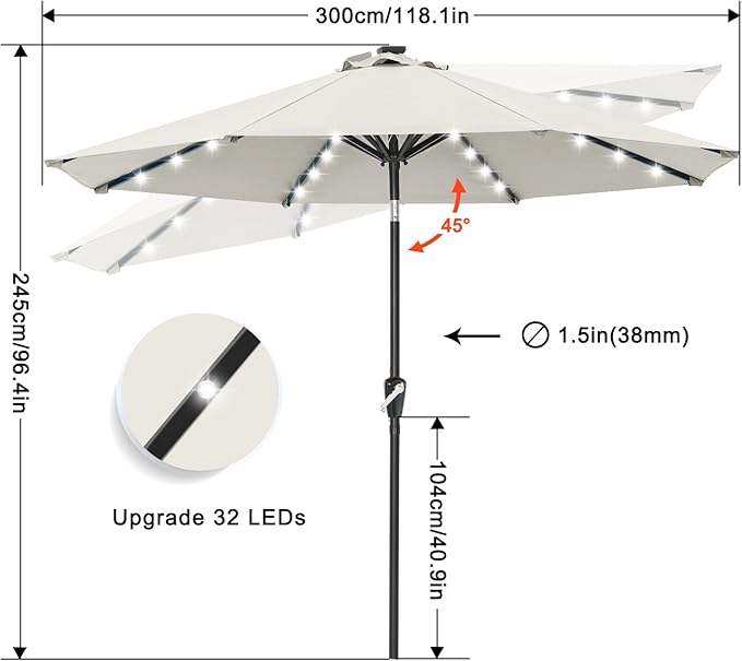 ABCCANOPY 10FT Durable Solar Led Patio Umbrellas with 32LED Lights (Light Beige) - Image 3