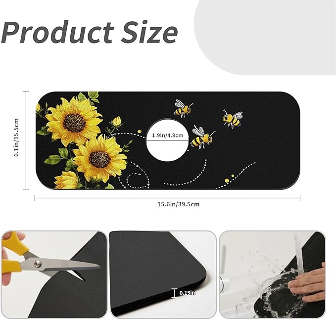 Kitchen Sink Splash Guard，sunflowers-and bees- Faucet Mat Sink Gadgets-Super - Image 3
