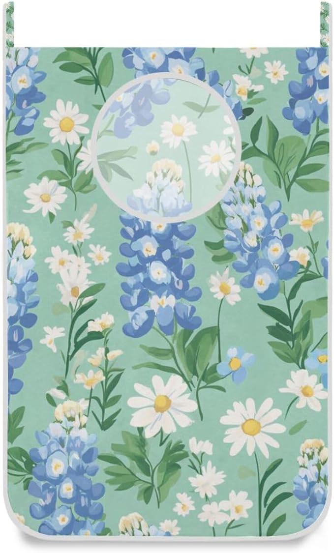 Mint Green Bluebonnet and Daisies Hanging Laundry Hamper Door Hampers Bag Basket by Tatenale