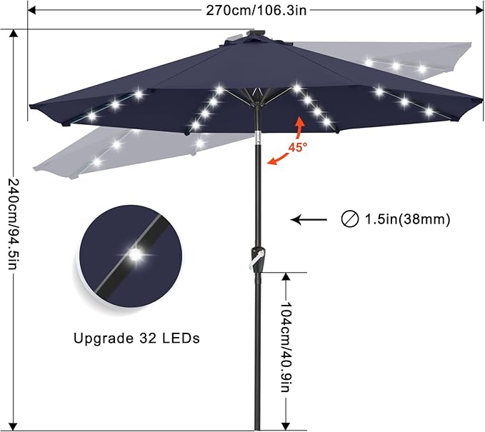 ABCCANOPY Durable Solar Led Patio Umbrellas with 32LED Lights 9FT (Navy Blue) - Image 3