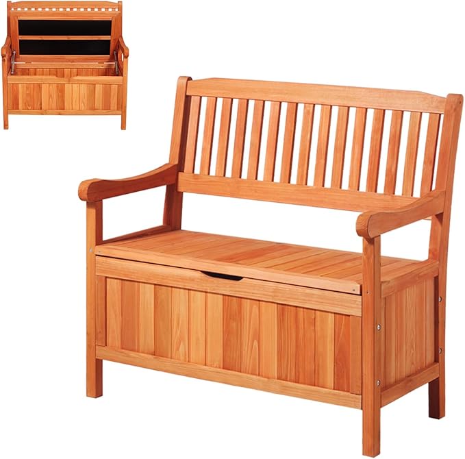 VEVOR Outdoor Storage Bench, 2-Person Wooden Storage Bench, 33 Gallons Deck Box with Side Handle, Supports up to 705 lbs, Weatherproof Outdoor Seating & Porch Decor, for Patio Garden Balcony Yard by VEVOR