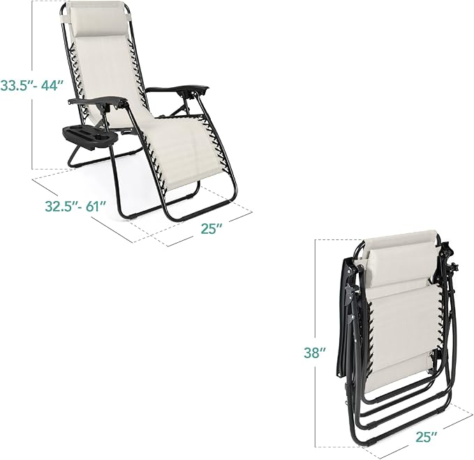 Best Choice Products Set of 2 Adjustable Steel Mesh Zero Gravity Lounge Chair Recliners w/Pillows and Cup Holder Trays - Ivory - Image 2