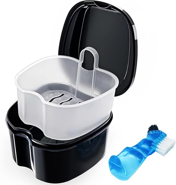 Black Denture Soaking Container Partial Denture Case, Orthodontic Retainer by Keedolla