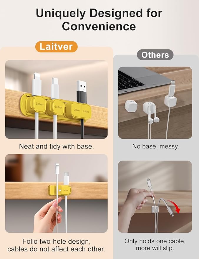 6 Pack Magnetic Cable Clips, Laitver Cord Organizer Holder Strong Adhesive Desk - Image 3