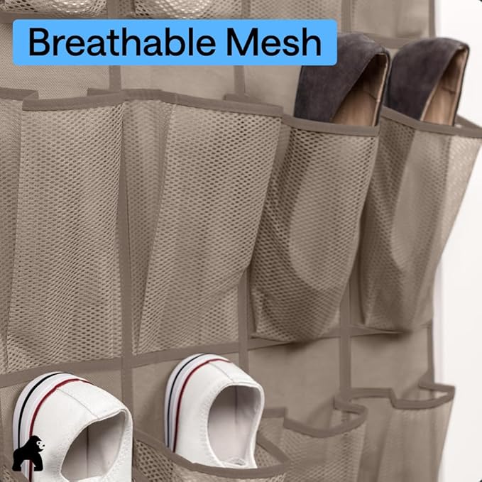 GORILLA GRIP Over the Door Shoe Organizer, 24 Large Breathable Mesh Pockets - Image 5