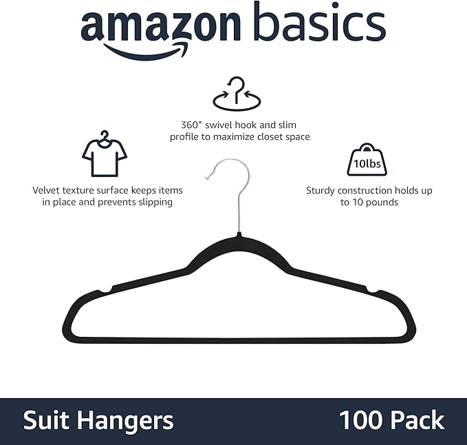 Amazon Basics Slim Velvet Non-Slip Space Saving Suit Clothes Hangers, Closet - Image 2