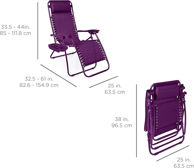 Best Choice Products Set of 2 Adjustable Steel Mesh Zero Gravity Lounge Chair Recliners w/Pillows and Cup Holder Trays - Amethyst - Image 2