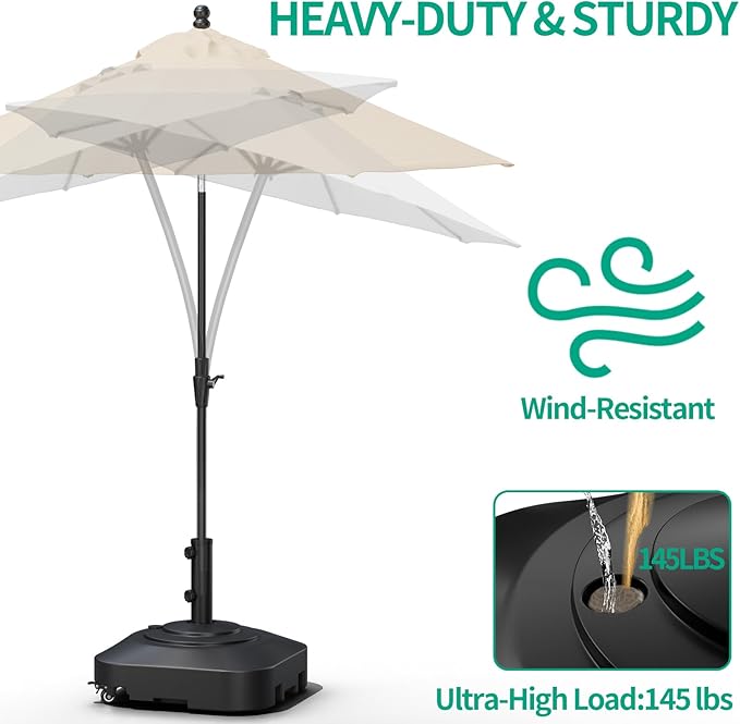 Umbrella Base with 5 Wheels, Upgraded 145lb Umbrella Stand Base, Heavy Duty & Windproof, Fillable Umbrella Base Mobile Umbrella Outdoor for Patio, Deck, Poolside, Lawn, Fits Most Sized Umbrellas - Image 5
