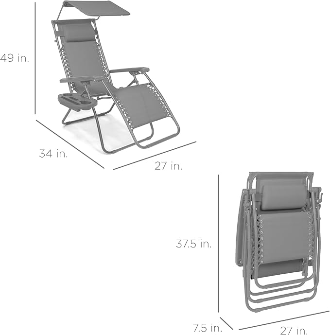 Best Choice Products Folding Zero Gravity Outdoor Recliner Patio Lounge Chair w/Adjustable Canopy Shade, Headrest, Side Accessory Tray, Textilene Mesh - Dove Gray - Image 2