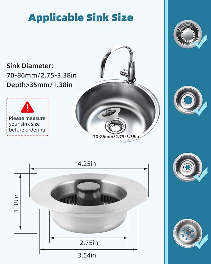 Hygie Rinse Universal Kitchen Sink Stopper Strainer 2PCS 3-in-1#304 Stainless - Image 5