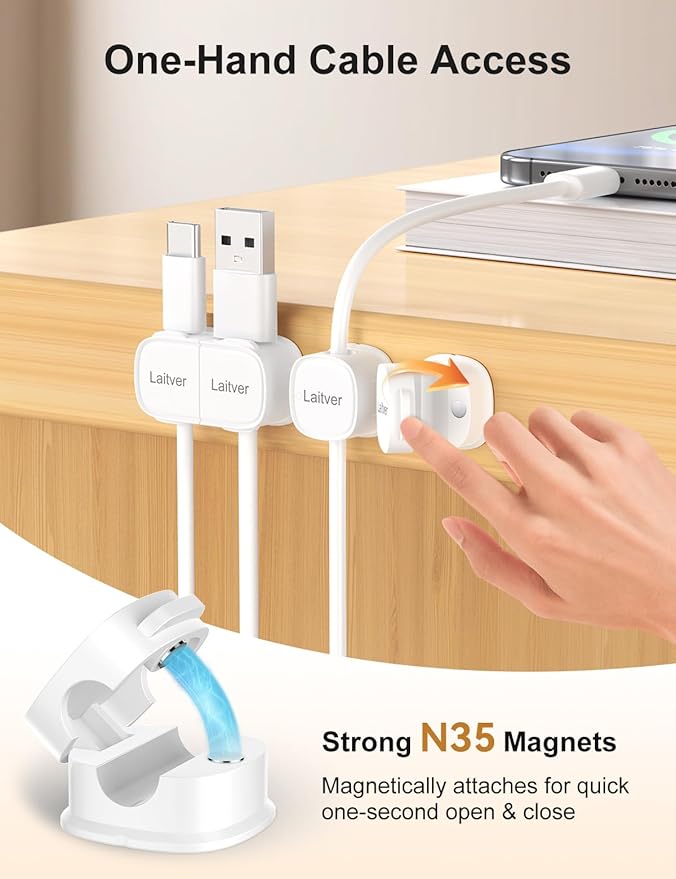 6 Pack Magnetic Cable Clips, Laitver Cord Organizer Holder Strong Adhesive Desk - Image 4