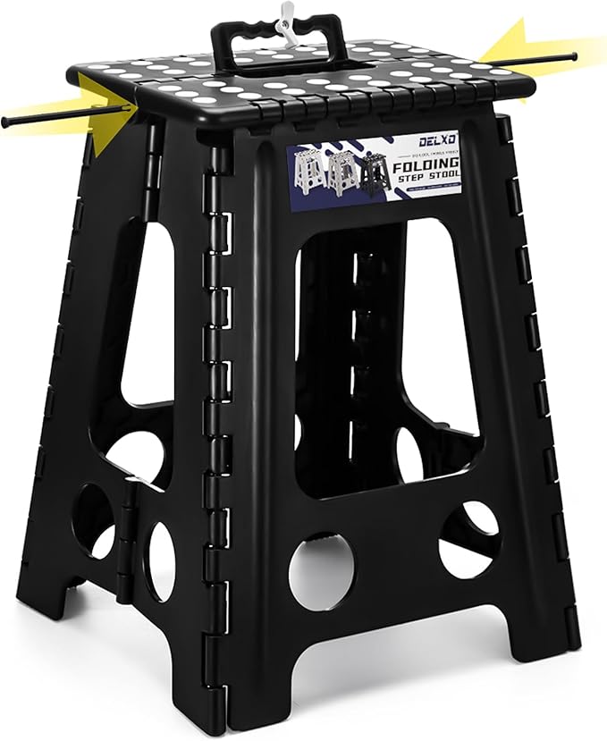 Delxo 17.5 Inch Folding Step Stool,Foldable Stool for Adults with Safety Lock,Portable Collapsible Plastic Step Stool,Non Slip Folding Stools for Kitchen Bathroom Bedroom Up to 400LBS,(Black 1PC) by Delxo