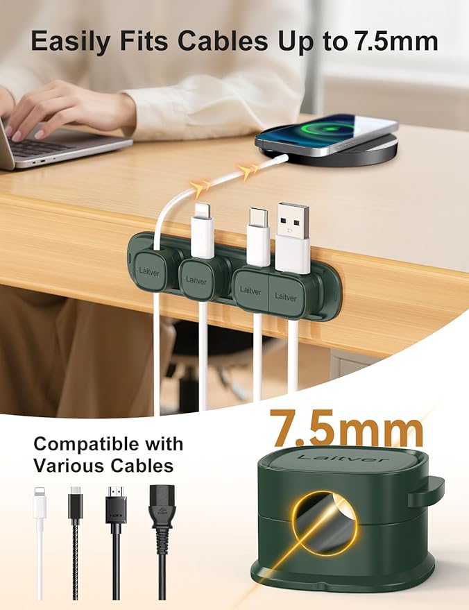 6 Pack Magnetic Cable Clips, Laitver Cord Organizer Holder Strong Adhesive Desk - Image 7