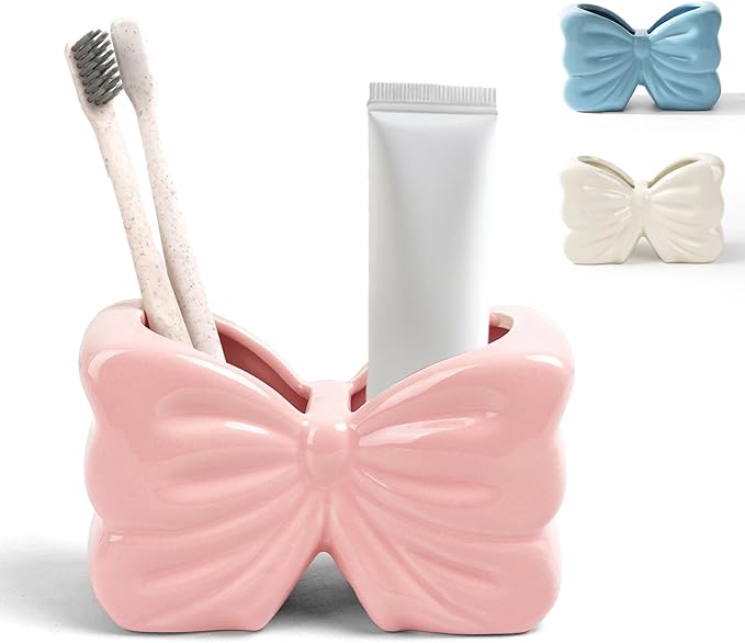 Bow Toothbrush Holder， 2-Slot Toothbrush and Toothpaste Holder Cute Toothbrush by Deapeey