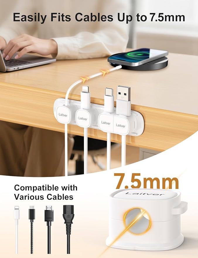 6 Pack Magnetic Cable Clips, Laitver Cord Organizer Holder Strong Adhesive Desk - Image 7