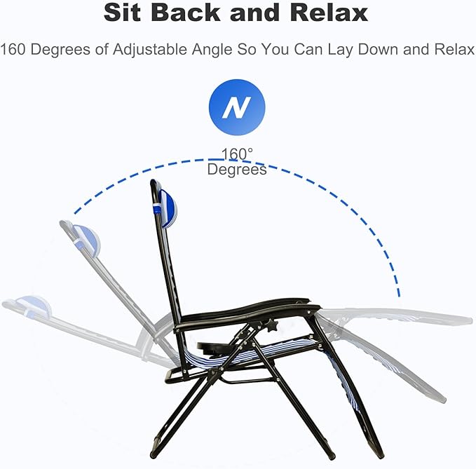 Nazhura Set of 2 Relaxing Recliners Patio Chairs Adjustable Steel Mesh Zero Gravity Lounge Chair Beach Chairs with Pillow and Cup Holder (Navy Blue Stripe) - Image 4