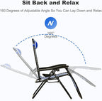 Nazhura Set of 2 Relaxing Recliners Patio Chairs Adjustable Steel Mesh Zero Gravity Lounge Chair Beach Chairs with Pillow and Cup Holder (Navy Blue Stripe) - Image 4