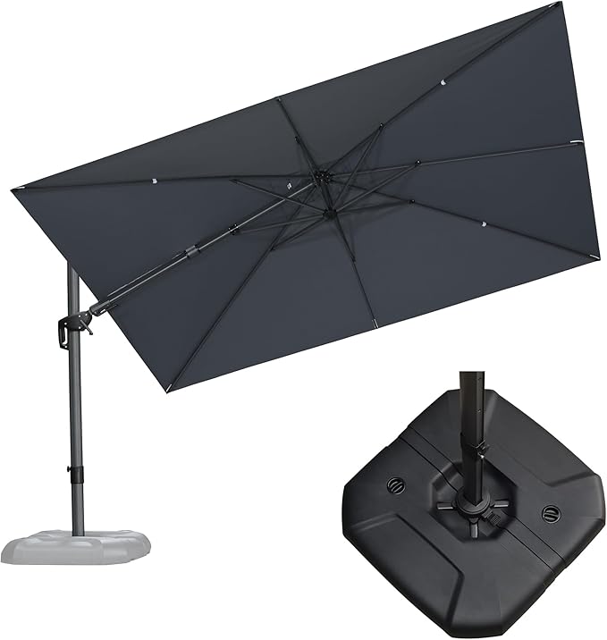 PURPLE LEAF 11.5' X 8.2' Tilting Patio Umbrella with Base Outdoor Cantilever Swivel Rectangle Umbrella Aluminum Offset Umbrella with 360-degree Rotation for Garden Deck Pool Patio Light Grey by PURPLELEAF