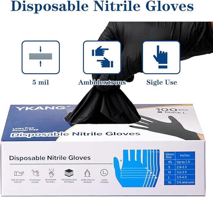 YKANG Black Disposable Nitrile Gloves, Latex Free Disposable Gloves 100 PCS - Image 6