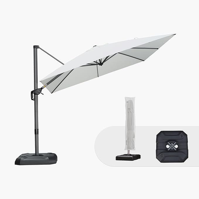 PURPLE LEAF 9'×9' Patio Umbrella with Base Outdoor Cantilever Umbrella with Cover Aluminum Square Offset Umbrella with 360-degree Rotation for Deck Pool Garden White by PURPLELEAF